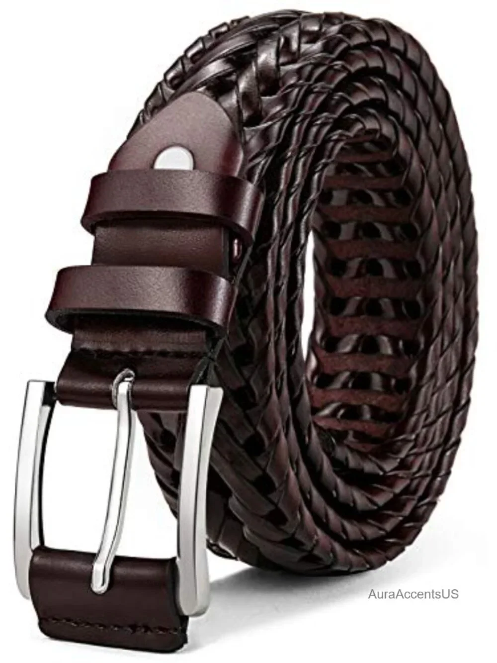 Men's Genuine Leather Braided Woven Holeless Belt with Buckle - Adjustable